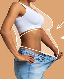 Young slim african american female in big jeans enjoy weight loss result with fat abstract