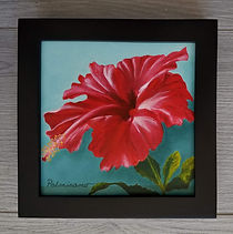 Hibiscus Red Flower 6x6x1.5 Crimson Showgirl Oil Painting Black Frame