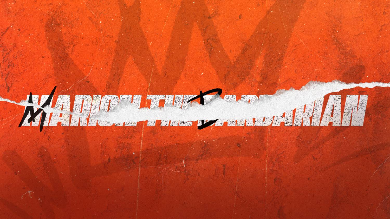 Marion the Barbarian wordmark torn across an orange concrete wall