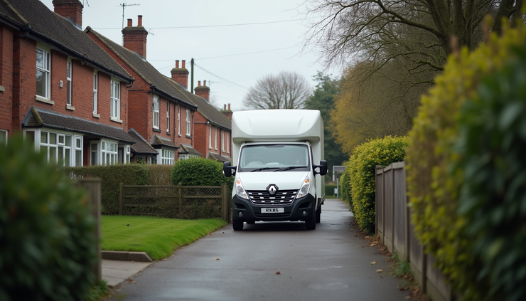 Eye-level view of a Durham street with a house clearance van parked outside a home