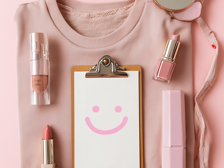 Pink-themed flatlay with a sweater, sunglasses, lipstick, mirror, note with a smiley face on a clipboard, and various makeup items on a pink background.
