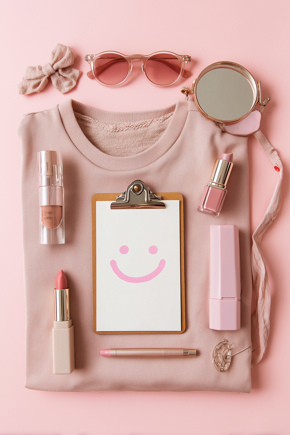 Pink-themed flatlay with a sweater, sunglasses, lipstick, mirror, note with a smiley face on a clipboard, and various makeup items on a pink background.