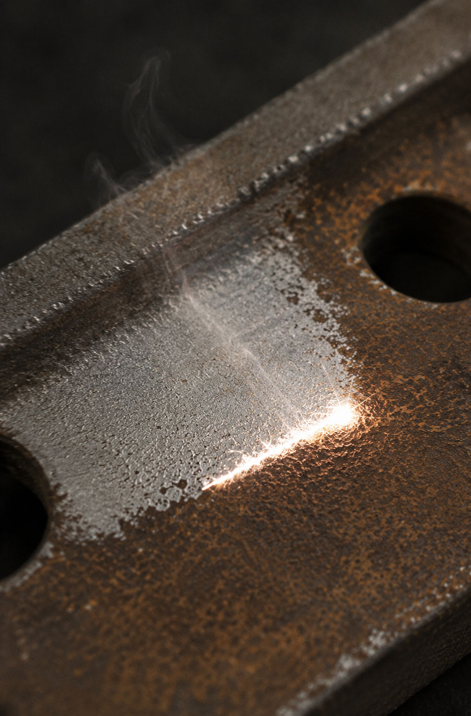 Close-up of a rusty metal being cleaned by a laser. Subtle smoke and light emanates off of the metal surface.