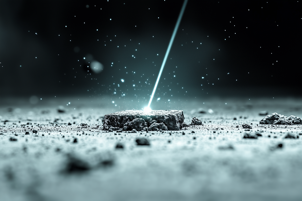 Bright laser beam hits rock on dusty surface, surrounded by glowing particles against a dark background, creating a mystical atmosphere.
