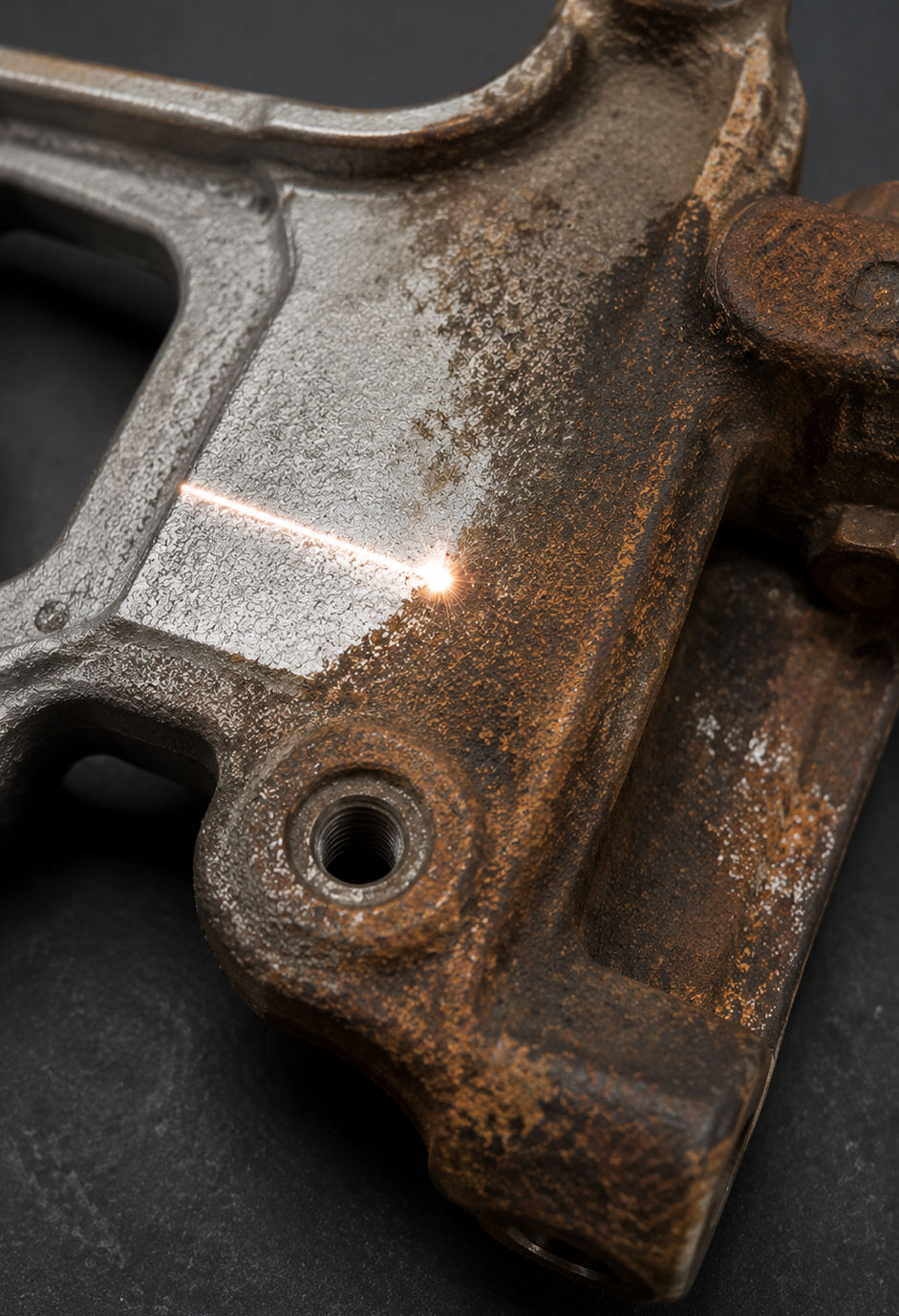 Close-up of a rusty metal part being laser cleaned, with a bright spark cutting across the surface on a dark background.
