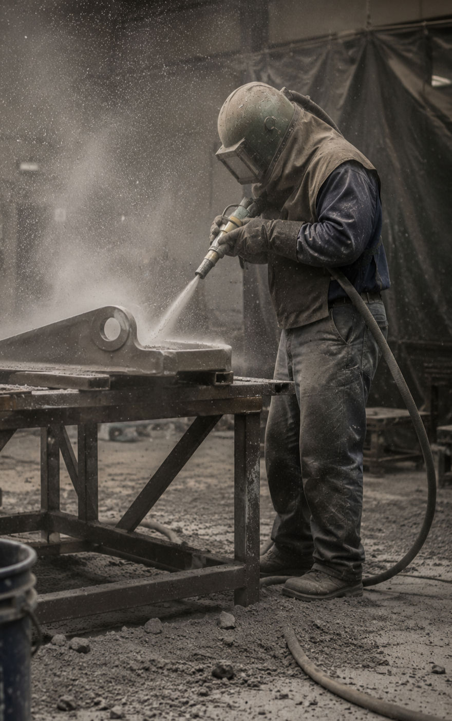 Worker in a protective helmet sandblasts a metal part in a dusty industrial workshop, spray and debris filling the air.