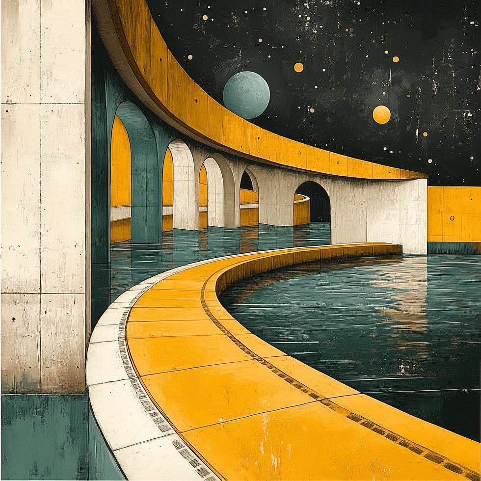 Literally just Coloring, Surreal scene of a yellow curved walkway over water, with arches and a dark starry sky. Planets float in the background, evoking wonder.