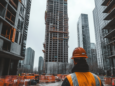 Construction worker in orange vest and helmet observes high-rise building under construction on a cloudy day, surrounded by urban skyscrapers.