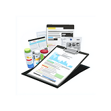 Increase Your VA Benefits Icon - Documents and medical charts on a clipboard next to pill bottles. Bright colors and graphs suggest data analysis in a healthcare setting.