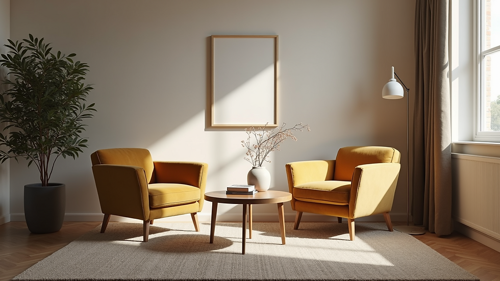 Vue rapprochée d’un salon cosy avec deux fauteuils et une table basse