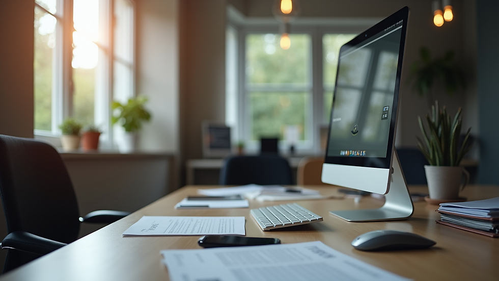 Vue en plongée d’un bureau avec un ordinateur affichant un site web responsive sur plusieurs appareils