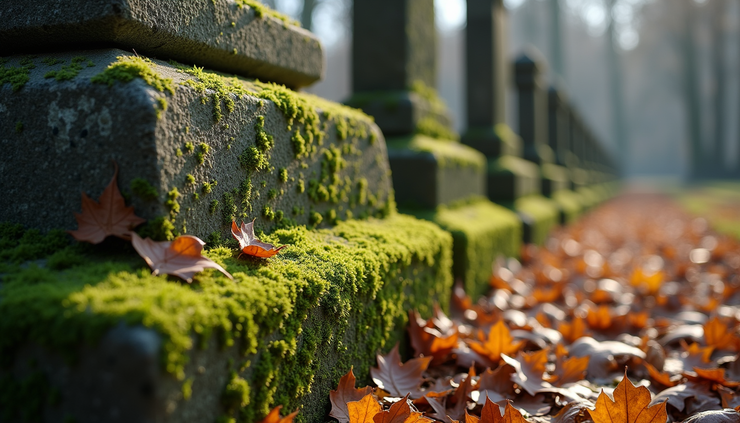 Vue rapprochée d'une pierre tombale recouverte de mousse et de feuilles mortes