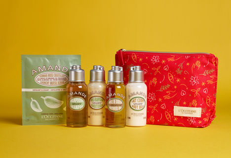 l'occitane almande travel pack, shot on a yellow background 