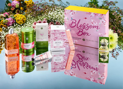 The box includes 3 care products from the "Cherry Blossom" series (shower gel, hand cream and roll-on) and luxurious tea infusions from the French tea brand Felle de Tea. the composition was shot on a mirror background an colorfull summer flowers