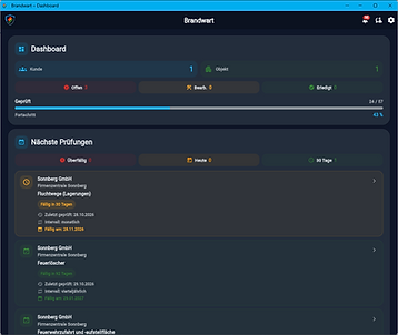 Brandwart Dashboard mit anstehenden Brandschutzprüfungen, Prüfintervallen und automatischer Fristenüberwachung