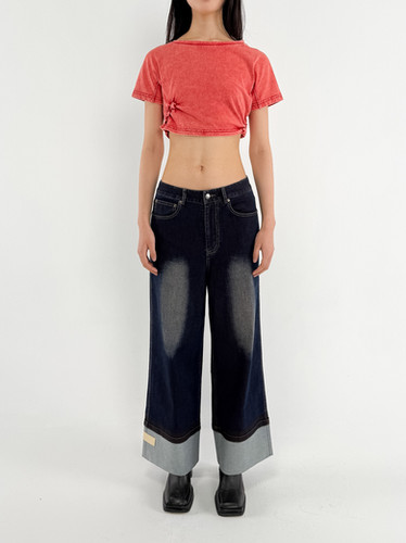 【PONDER.ER】TAN WASHED CROP T-SHIRT GREY TAN