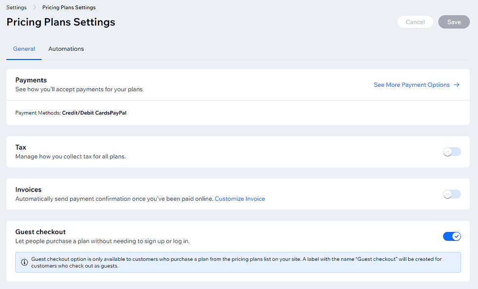 Wix enable guest checkout for pricing plan settings