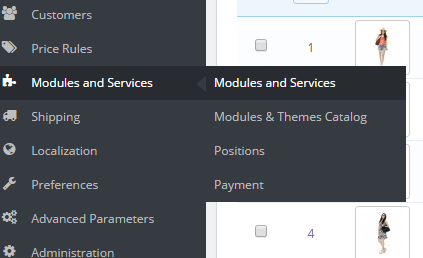 modules and services menu prestashop dashboard