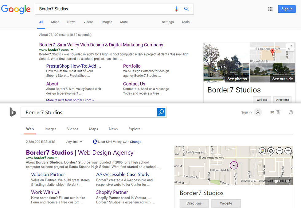 SEO comparison of thge search "Border7 Studios" on Google and Bing