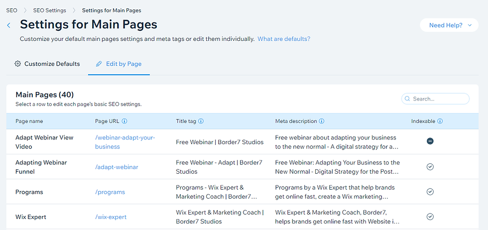 Wix edit seo by page example