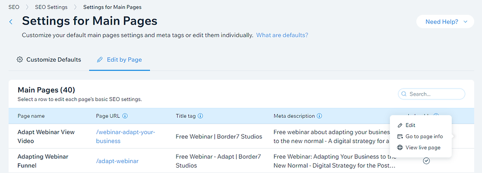 Wix Settings for Main pages example