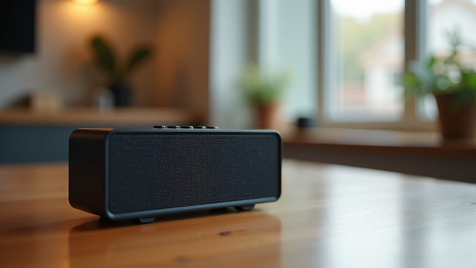 Close-up view of a portable Bluetooth speaker on a wooden table
