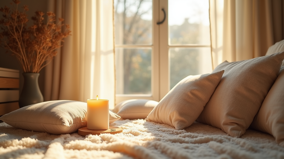 Eye-level view of a sunlit cozy corner with soft cushions and a lit candle