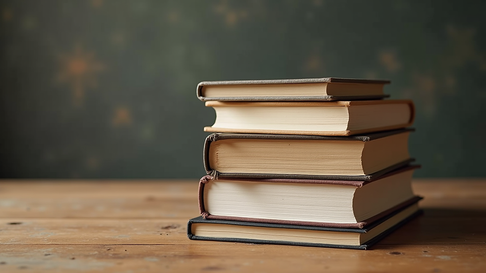 Eye-level view of a stack of diverse memoir books on a wooden table