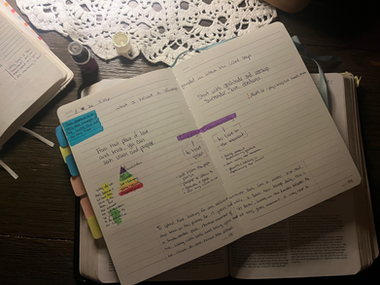 Open journal and Bible on a wooden table, featuring handwritten notes about intentional living, gratitude, vision, and being present with God.