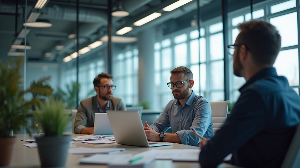 Eye-level view of a modern office space with a team discussing insurtech solutions