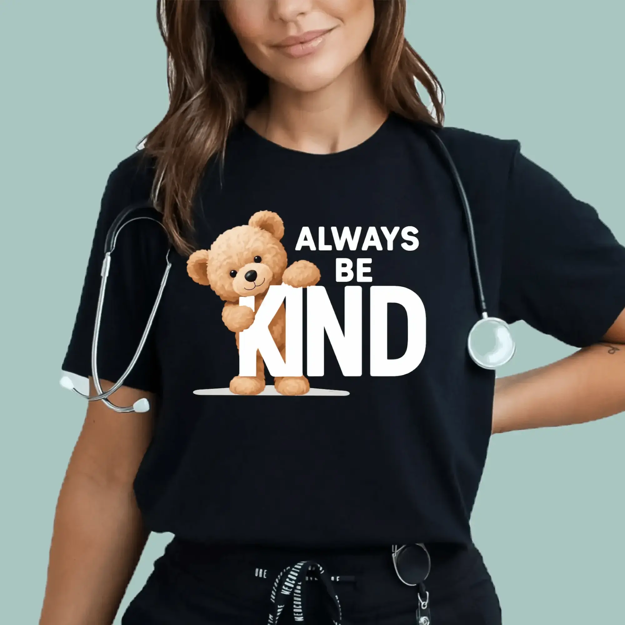 Cute Teddy Bear Always Be Kind Graphic Tee Shirt Design - Short Sleeves Black T Shirt