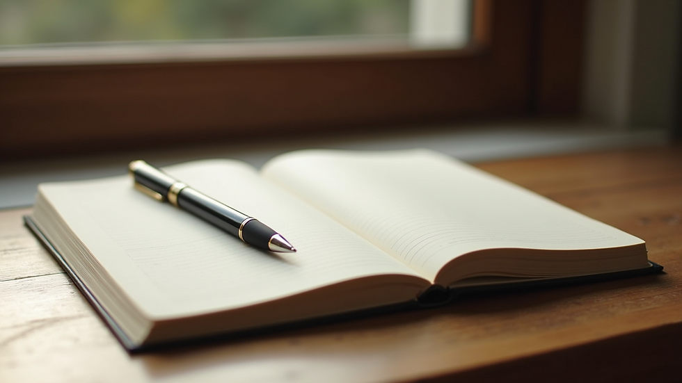 Close-up of a journal and pen on a wooden desk