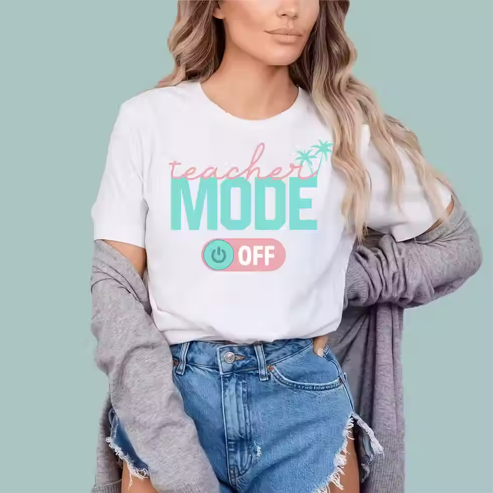 White unisex short sleeve tee with the 'Teacher Mode Off' summer break graphic.