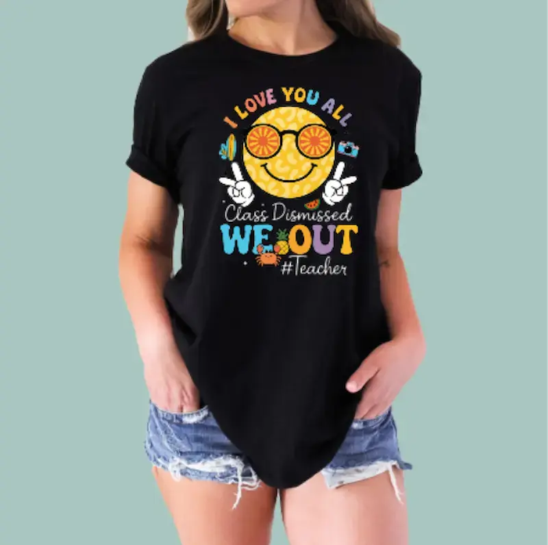 Black short-sleeve "End of School Year 2026" teacher shirt featuring colorful celebratory typography.