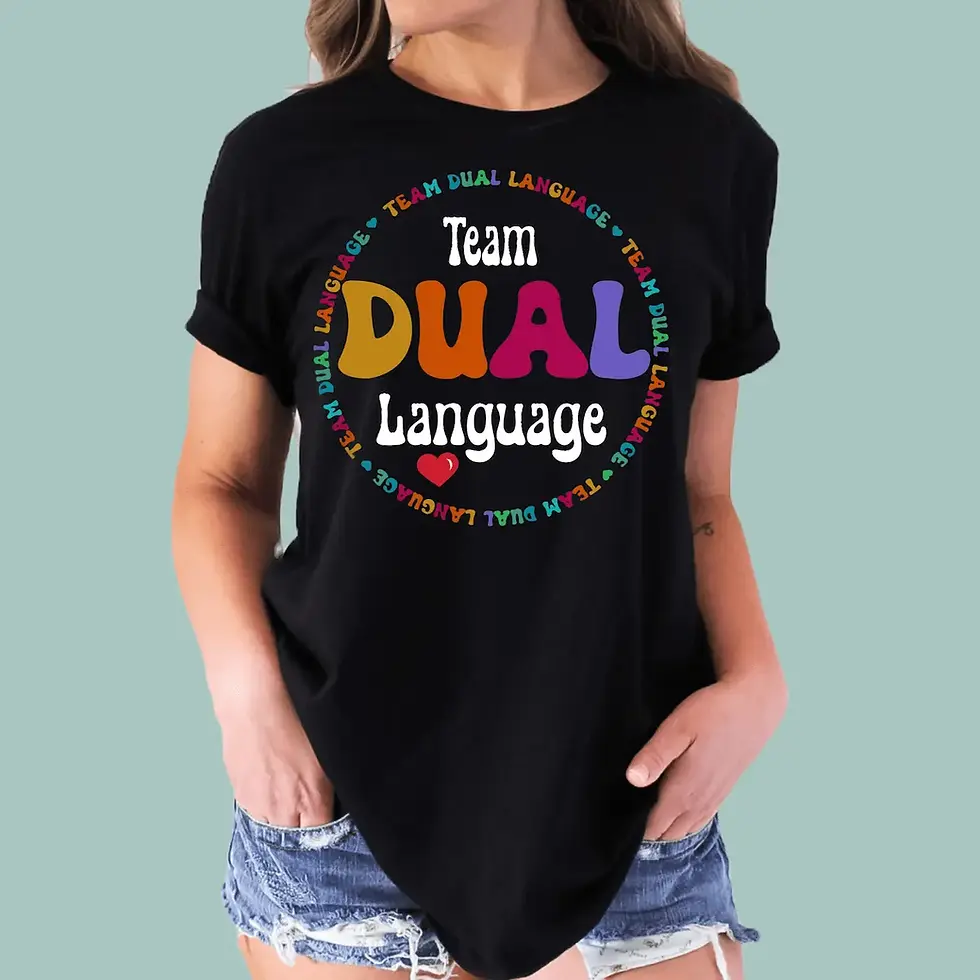 Black Team Dual Language Teacher cotton tee with colorful typography