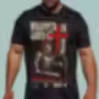 A white short-sleeve tee with a circular graphic of a warrior in armor, representing the "Armor of God" and divine protection