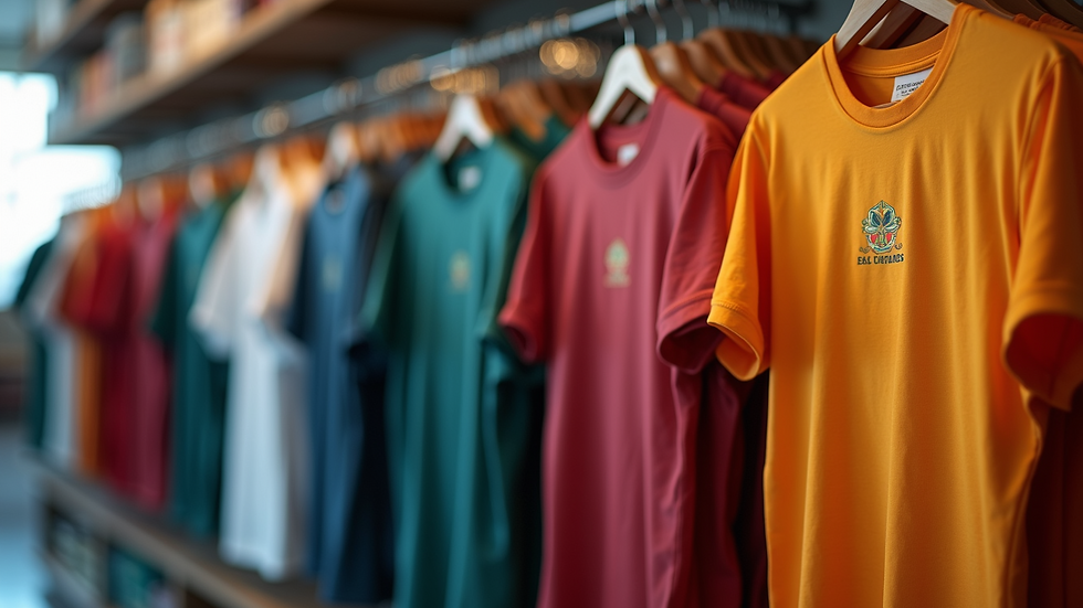 Eye level view of a vibrant display of various t-shirt designs