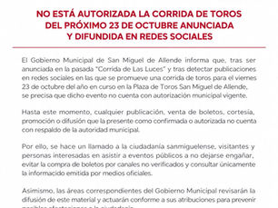 NO ESTÁ AUTORIZADA LA CORRIDA DE TOROS DEL PRÓXIMO 23 DE OCTUBRE ANUNCIADA Y DIFUNDIDA EN REDES SOCIALES