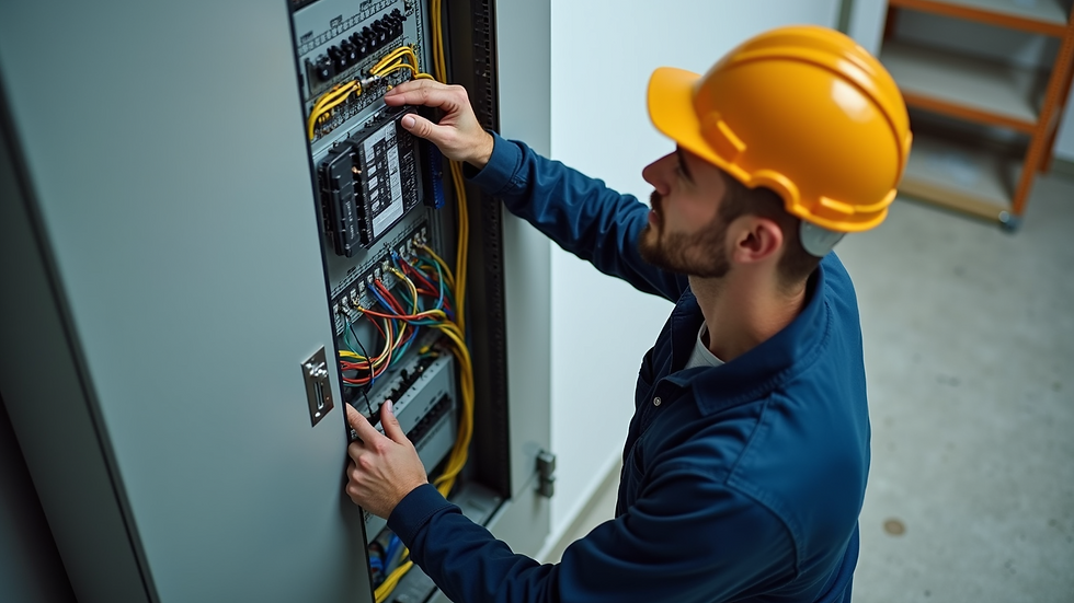 High angle view of an electrician installing a new electrical panel