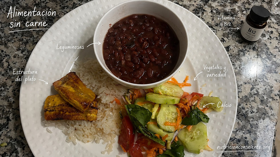 Plato de comida sin carne con arroz, frijoles, vegetales y plátano maduro; frasco de B12 al lado y textos sobre nutrición vegana.