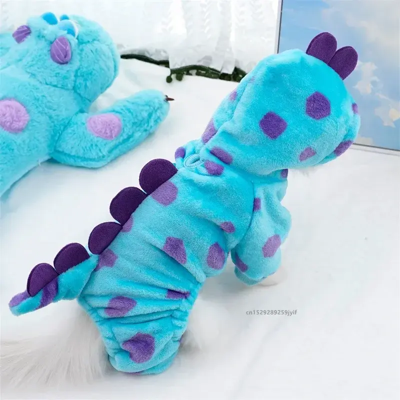 1PC Pet Clothing Dog Cat Autumn and Winter Thickened Warm Blue Dinosaur Hooded C