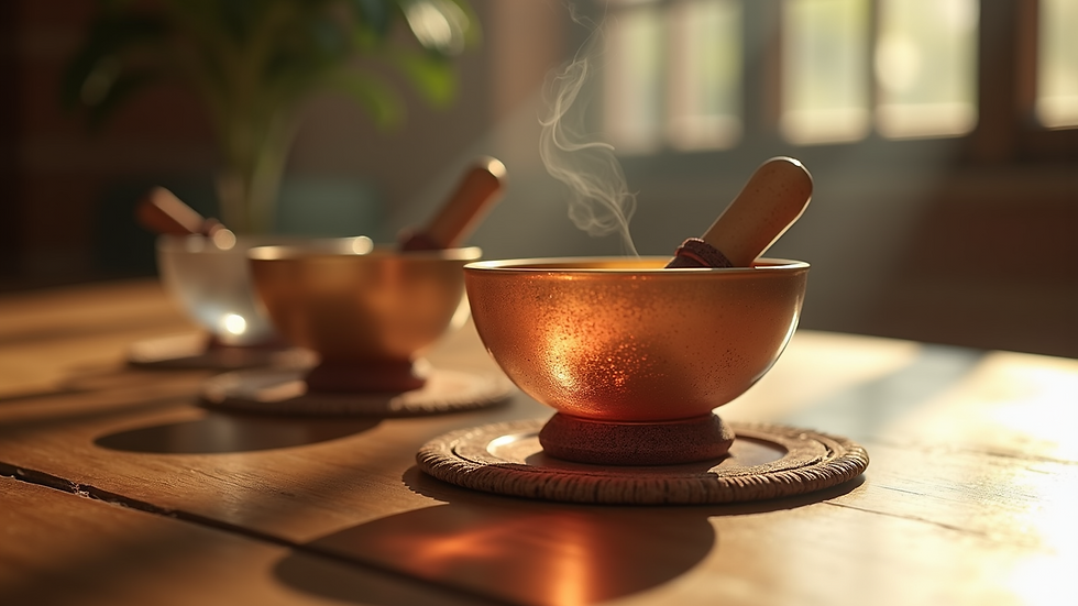 Close-up view of crystal singing bowls