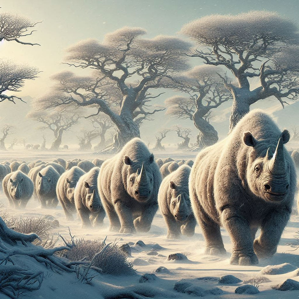 Wooly rhinoceros herd roaming during the ice-age