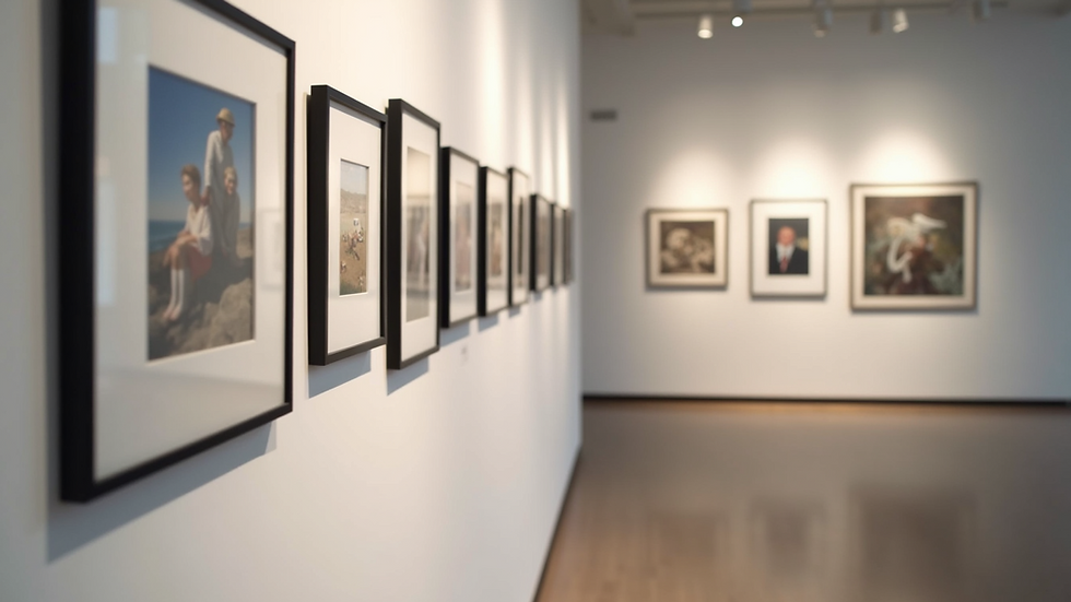 Close-up view of a gallery wall with various custom framed artworks