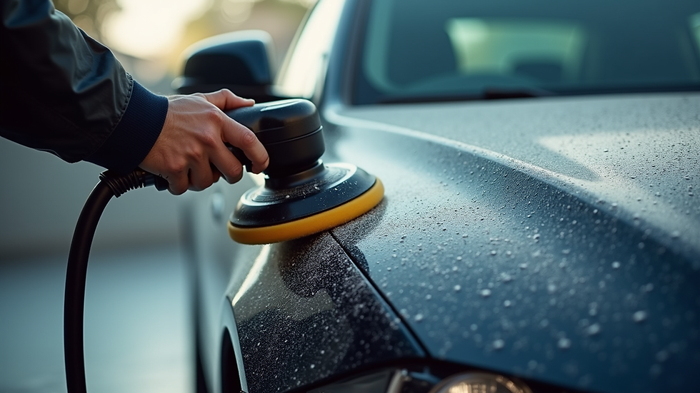 Close-up view of a car being polished with a dual-action polisher