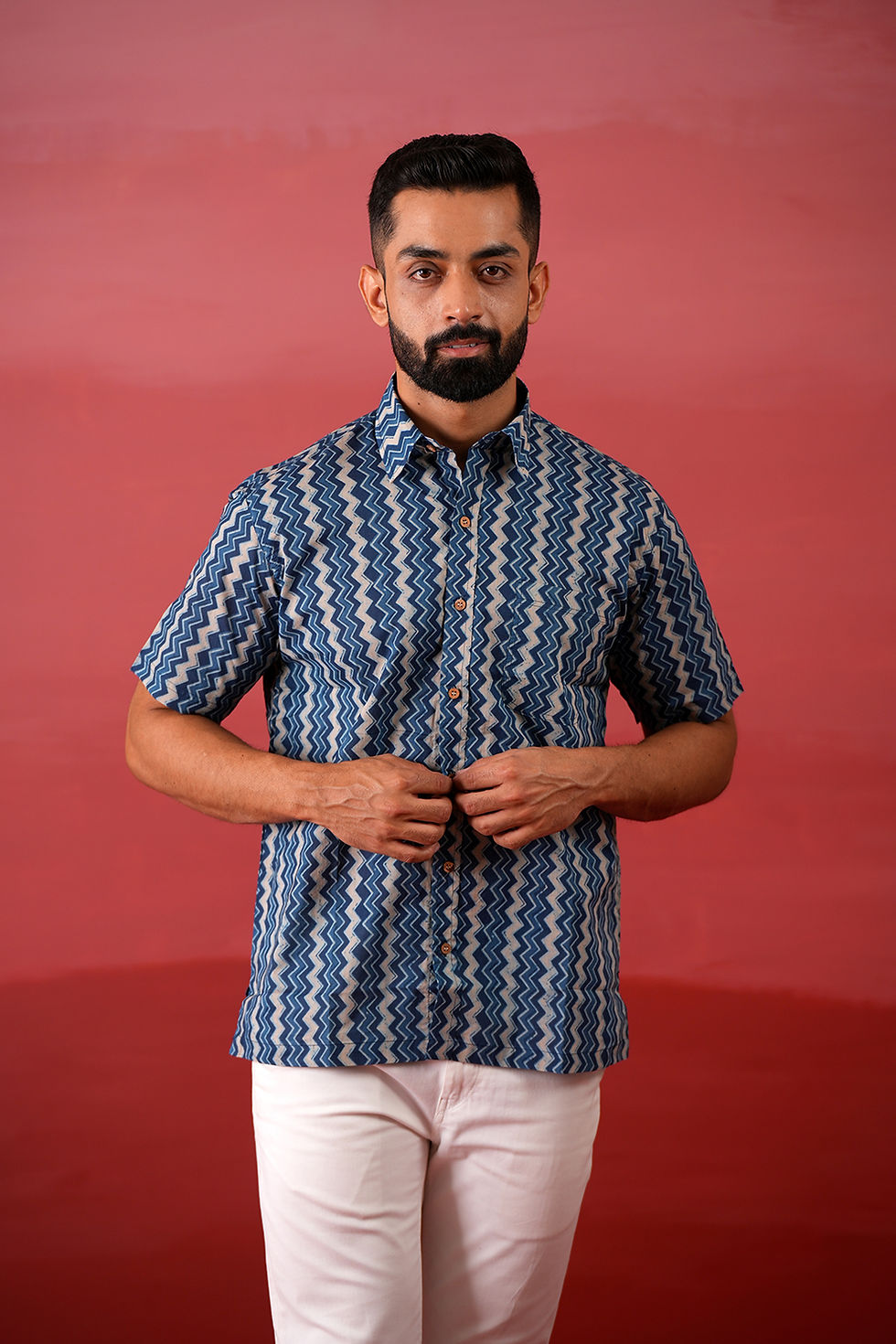 Thumbnail: Indigo Chevron Cotton Printed Shirt
