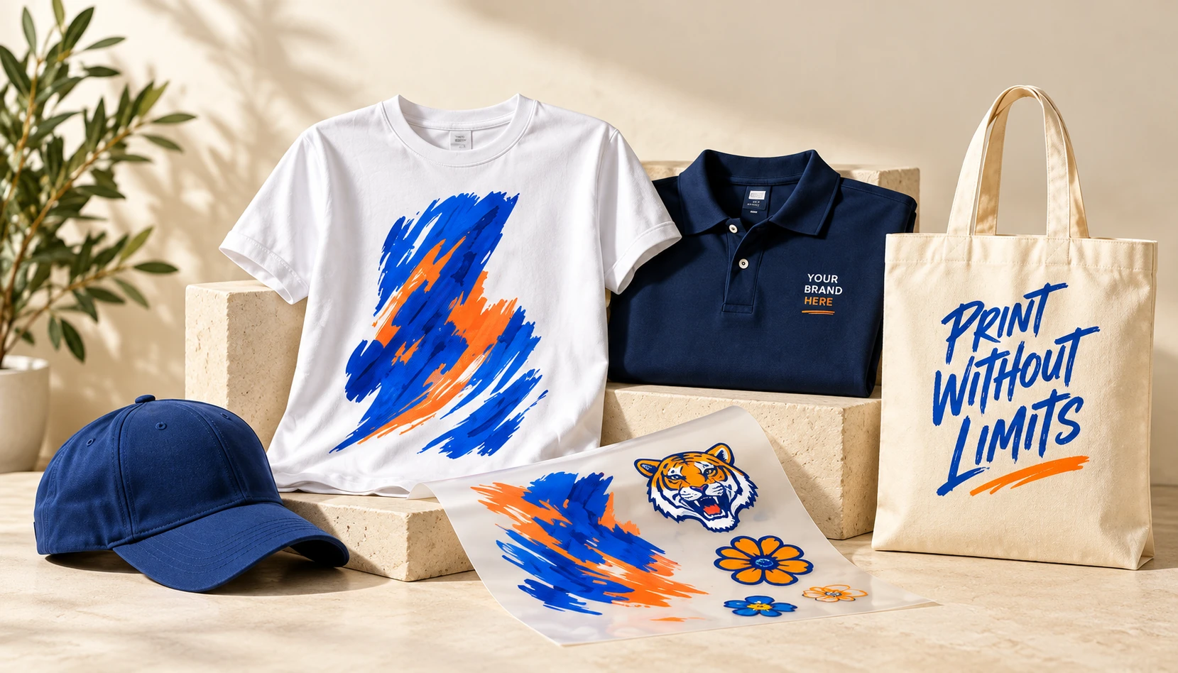 A white T-shirt with vivid blue and orange artwork, navy polo and cap, printed canvas tote and colourful DTF transfers in a sunlit studio