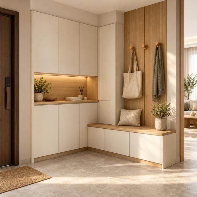 Corner Entry Shoe Unit — illustrative furniture design concept by Prakash Carpentry