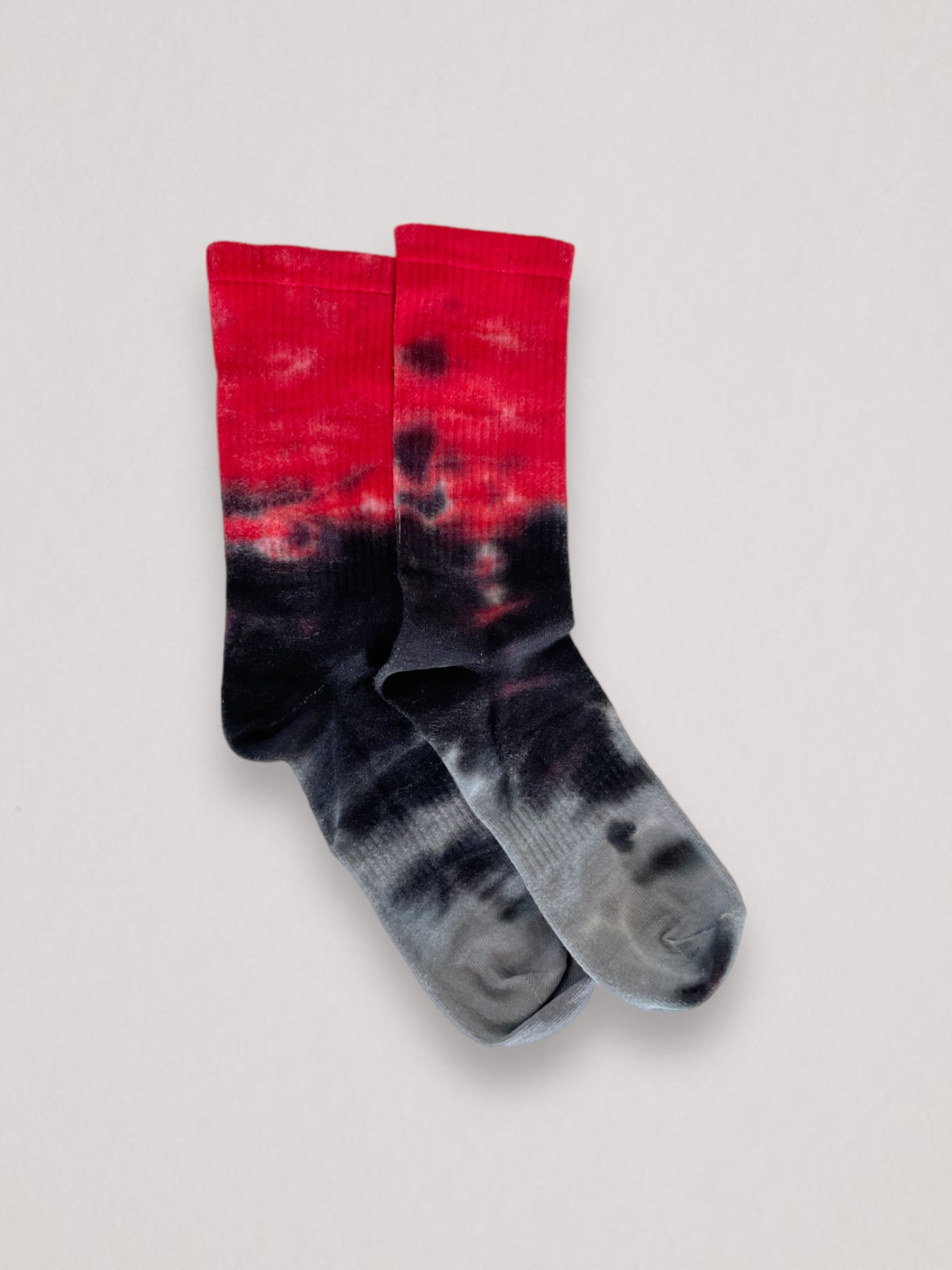 Red, black, and grey tie-dye socks