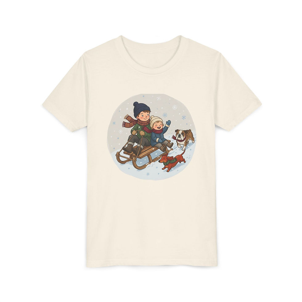 Miniature : Kids Winter Sledding Tee - Cute Children & Dog Sledding Illustration